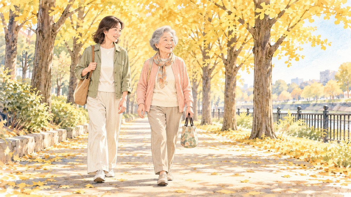 秋の並木道を、背すじを伸ばして軽やかに歩く80代の女性のイラスト
