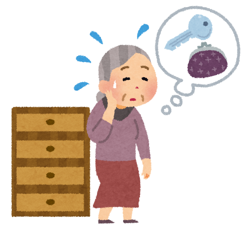 Torapon 探し物をしながら物忘れに困っているおばあさんのイラスト