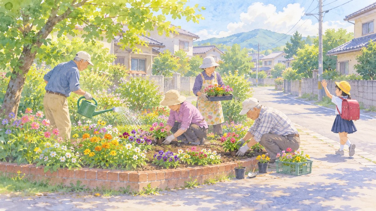 近所の花壇の手入れを、年配の人たちが一緒にしていて、通りがかりの子どもが手を振っているイラスト