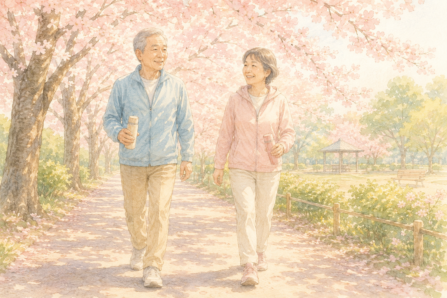 公園で楽しく歩くシニアのイラスト