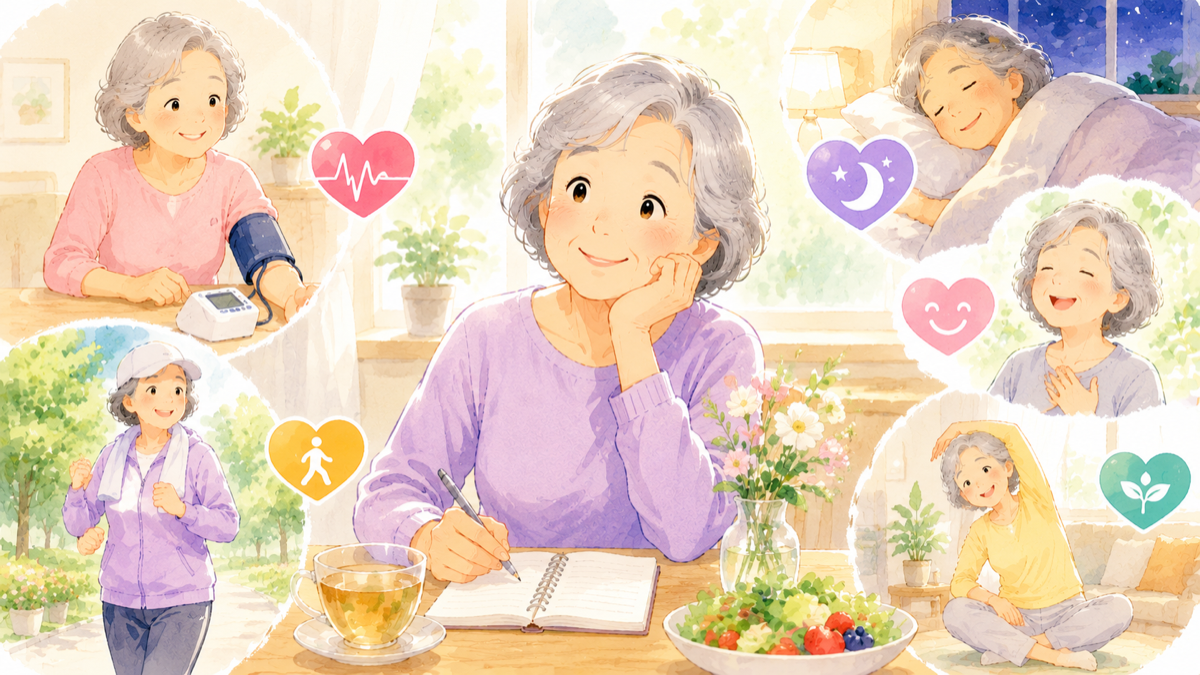 血圧・睡眠・気分・運動など自分の健康をやさしく気づかうシニア女性のイラスト